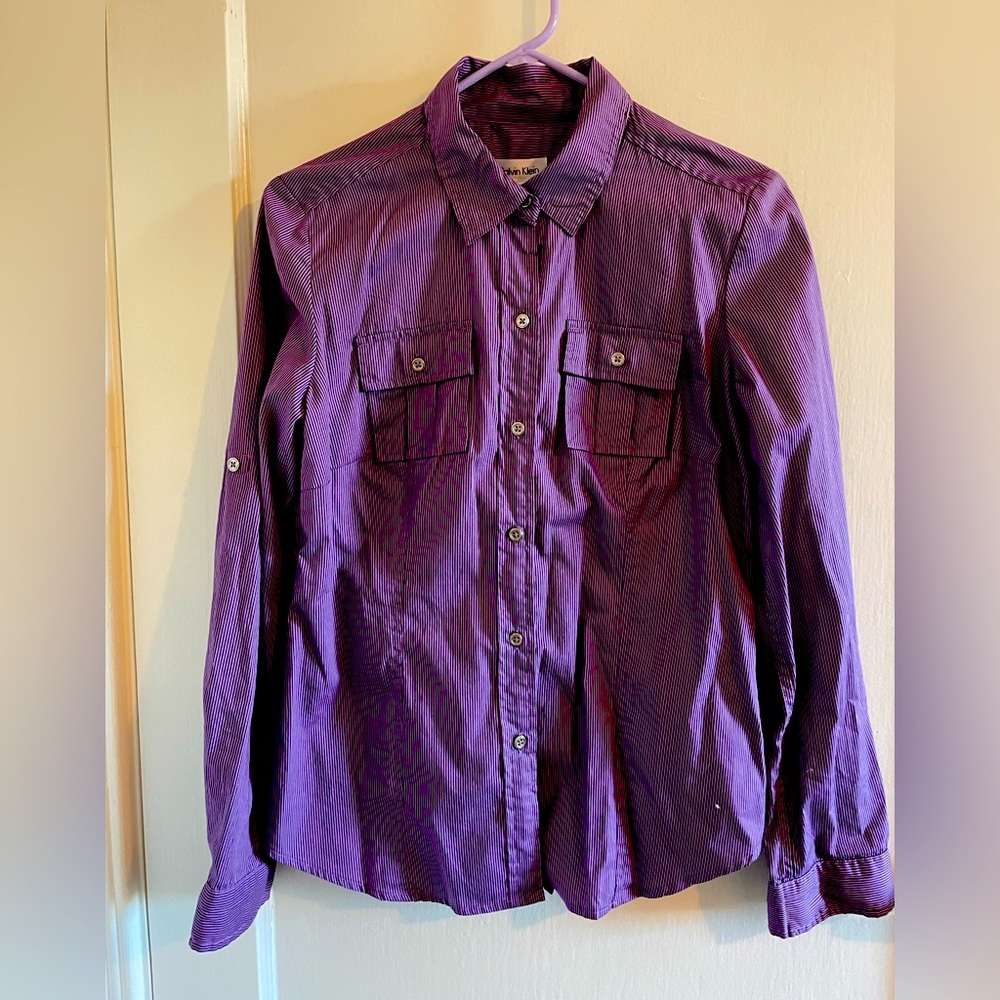 Calvin Klein Women’s purple stripes Long Sleeve Button Shirt, Slim fit, Petite S